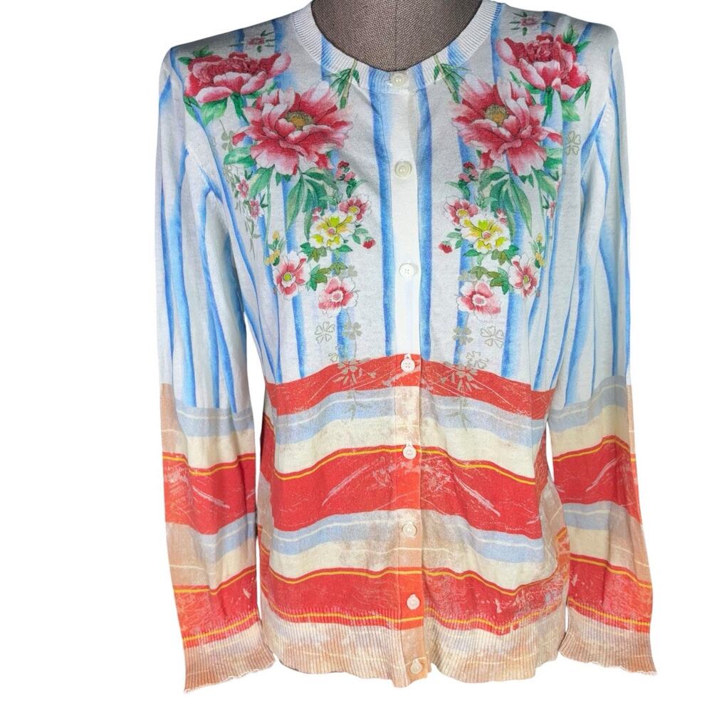 Johnny Was Summer Cardigan Womens Small Floral Striped Cotton Lightweight Button